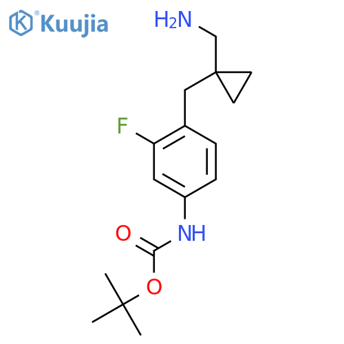 tert-butyl N-(4-{1-(aminomethyl)cyclopropylmethyl}-3-fluorophenyl)carbamate structure