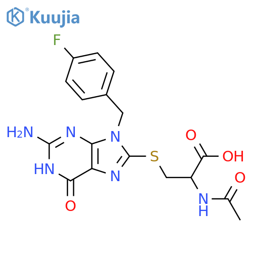 (2R)-2-acetamido-3-[[2-amino-9-[(4-fluorophenyl)methyl]-6-oxo-1H-purin-8-yl]sulfanyl]propanoic acid structure