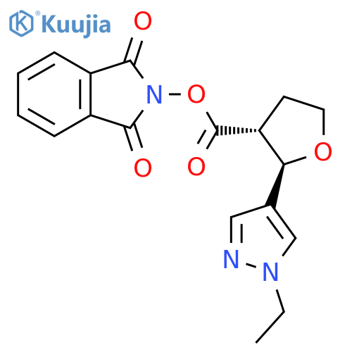 rac-1,3-dioxo-2,3-dihydro-1H-isoindol-2-yl (2R,3R)-2-(1-ethyl-1H-pyrazol-4-yl)oxolane-3-carboxylate structure