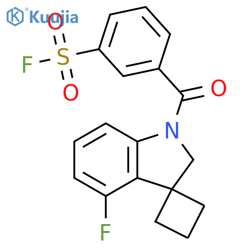 3-[(4′-Fluoro-1′,2′-dihydrospiro[cyclobutane-1,3′-[3H]indol]-1′-yl)carbonyl]benzenesulfonyl fluoride structure