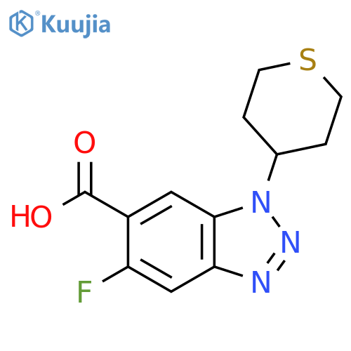 5-fluoro-1-(thian-4-yl)-1H-1,2,3-benzotriazole-6-carboxylic acid structure