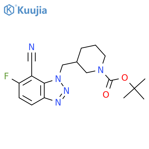 tert-butyl 3-[(7-cyano-6-fluoro-1H-1,2,3-benzotriazol-1-yl)methyl]piperidine-1-carboxylate structure