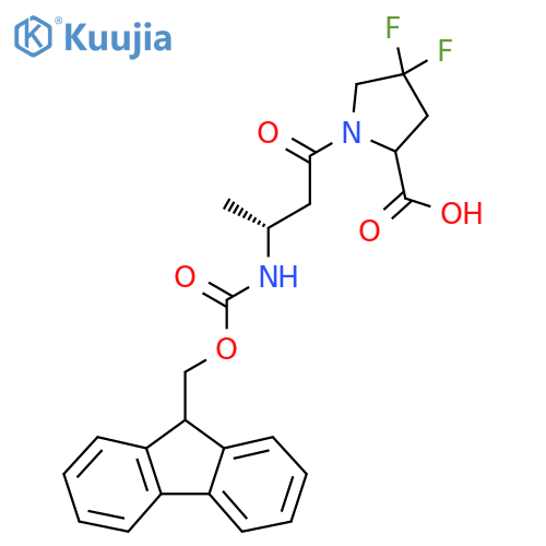 1-(3R)-3-({(9H-fluoren-9-yl)methoxycarbonyl}amino)butanoyl-4,4-difluoropyrrolidine-2-carboxylic acid structure