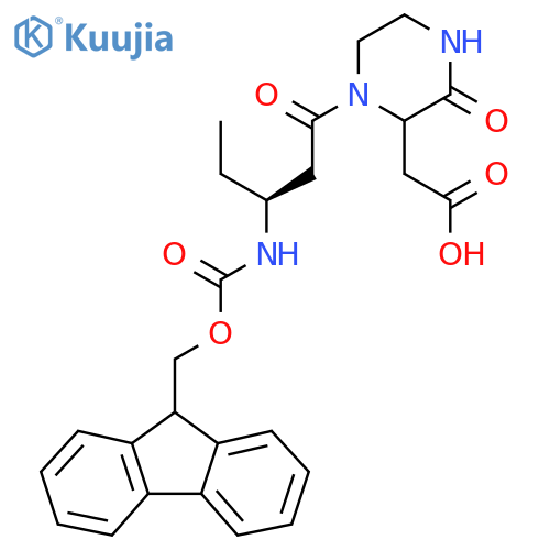 2-{1-(3S)-3-({(9H-fluoren-9-yl)methoxycarbonyl}amino)pentanoyl-3-oxopiperazin-2-yl}acetic acid structure