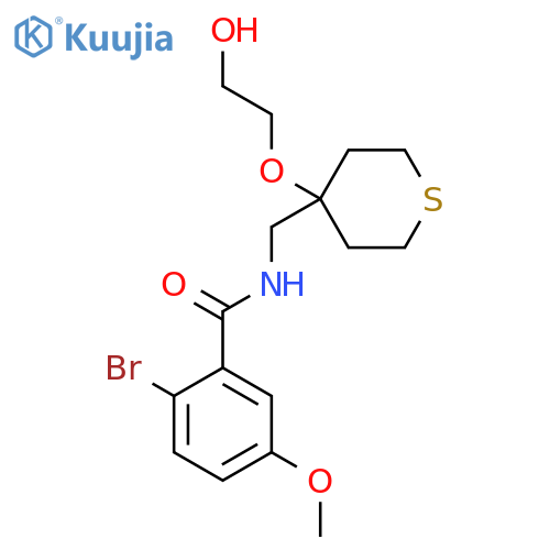 2-bromo-N-{4-(2-hydroxyethoxy)thian-4-ylmethyl}-5-methoxybenzamide structure