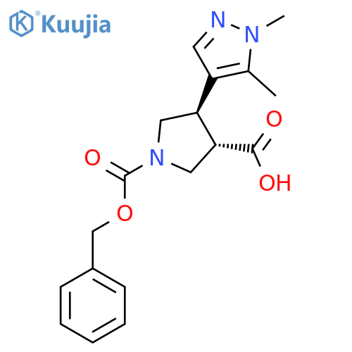 rac-(3R,4S)-1-[(benzyloxy)carbonyl]-4-(1,5-dimethyl-1H-pyrazol-4-yl)pyrrolidine-3-carboxylic acid structure