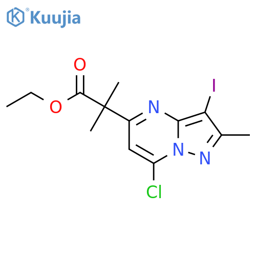 ethyl 2-(7-chloro-3-iodo-2-methyl-pyrazolo[1,5-a]pyrimidin-5-yl)-2-methyl-propanoate structure