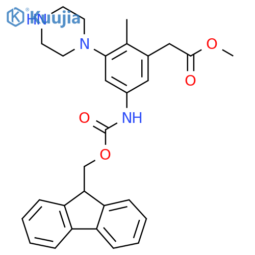 methyl 2-5-({(9H-fluoren-9-yl)methoxycarbonyl}amino)-2-methyl-3-(piperazin-1-yl)phenylacetate structure