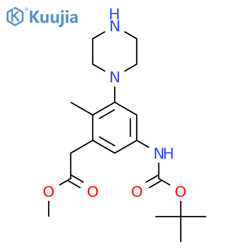 methyl 2-(5-{(tert-butoxy)carbonylamino}-2-methyl-3-(piperazin-1-yl)phenyl)acetate structure