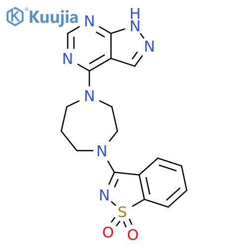 3-(4-{1H-pyrazolo3,4-dpyrimidin-4-yl}-1,4-diazepan-1-yl)-1,2-benzothiazole-1,1-dione structure