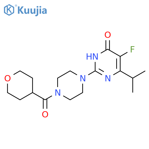 5-fluoro-2-[4-(oxane-4-carbonyl)piperazin-1-yl]-6-(propan-2-yl)-3,4-dihydropyrimidin-4-one structure