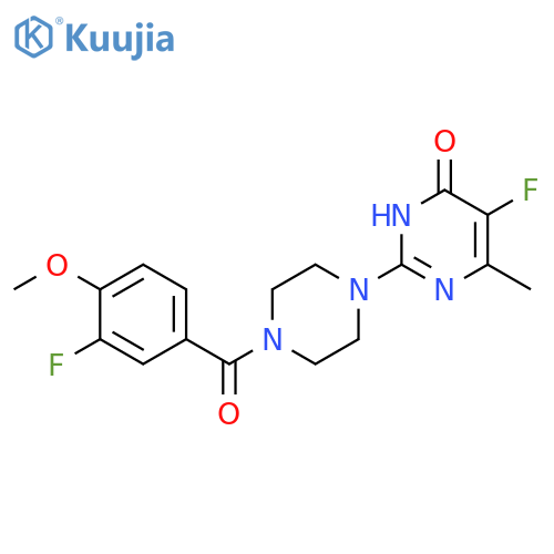 5-fluoro-2-[4-(3-fluoro-4-methoxybenzoyl)piperazin-1-yl]-6-methyl-3,4-dihydropyrimidin-4-one structure
