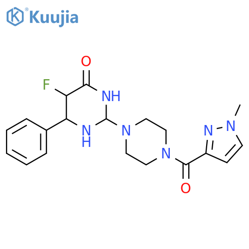 5-fluoro-2-[4-(1-methyl-1H-pyrazole-3-carbonyl)piperazin-1-yl]-6-phenyl-3,4-dihydropyrimidin-4-one structure