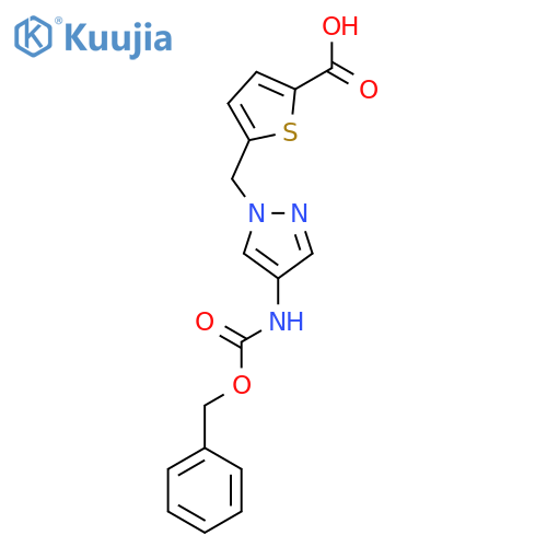5-[(4-{[(benzyloxy)carbonyl]amino}-1H-pyrazol-1-yl)methyl]thiophene-2-carboxylic acid structure