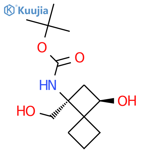 rac-tert-butyl N-[(1R,3S)-3-hydroxy-1-(hydroxymethyl)spiro[3.3]heptan-1-yl]carbamate structure