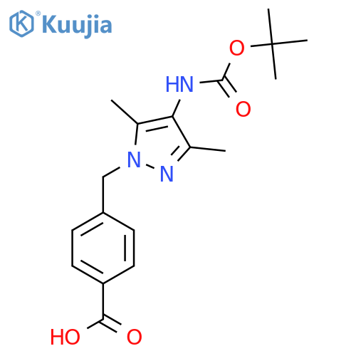 4-(4-{(tert-butoxy)carbonylamino}-3,5-dimethyl-1H-pyrazol-1-yl)methylbenzoic acid structure
