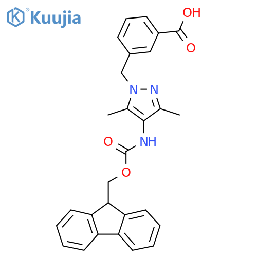 3-{[4-({[(9H-fluoren-9-yl)methoxy]carbonyl}amino)-3,5-dimethyl-1H-pyrazol-1-yl]methyl}benzoic acid structure