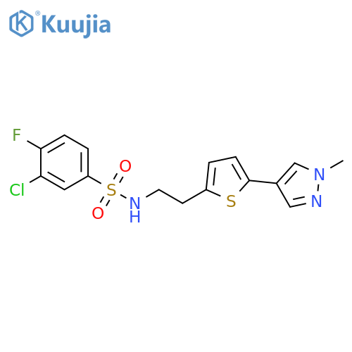 3-chloro-4-fluoro-N-{2-5-(1-methyl-1H-pyrazol-4-yl)thiophen-2-ylethyl}benzene-1-sulfonamide structure