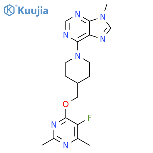 6-(4-{[(5-fluoro-2,6-dimethylpyrimidin-4-yl)oxy]methyl}piperidin-1-yl)-9-methyl-9H-purine structure