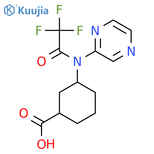 3-[2,2,2-trifluoro-N-(pyrazin-2-yl)acetamido]cyclohexane-1-carboxylic acid structure