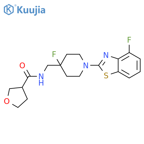 N-{[4-fluoro-1-(4-fluoro-1,3-benzothiazol-2-yl)piperidin-4-yl]methyl}oxolane-3-carboxamide structure