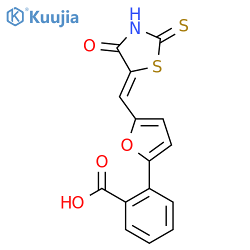 2-[5-[(Z)-(4-oxo-2-sulfanylidene-1,3-thiazolidin-5-ylidene)methyl]furan-2-yl]benzoic acid structure