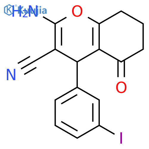 <br>2-Amino-4-(3-iodo-phenyl)-5-oxo-5,6,7,8-tetrahydro-4H-chromene-3-carbonitri le structure