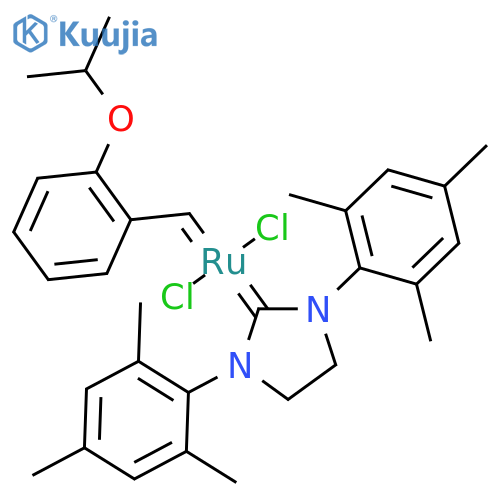 [1,3-bis(2,4,6-trimethylphenyl)imidazolidin-2-ylidene]-dichloro-[(2-isopropoxyphenyl)methylene]ruthenium structure