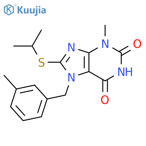 3-methyl-7-(3-methylphenyl)methyl-8-(propan-2-ylsulfanyl)-2,3,6,7-tetrahydro-1H-purine-2,6-dione structure