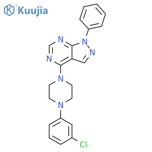 1-(3-chlorophenyl)-4-{1-phenyl-1H-pyrazolo3,4-dpyrimidin-4-yl}piperazine structure