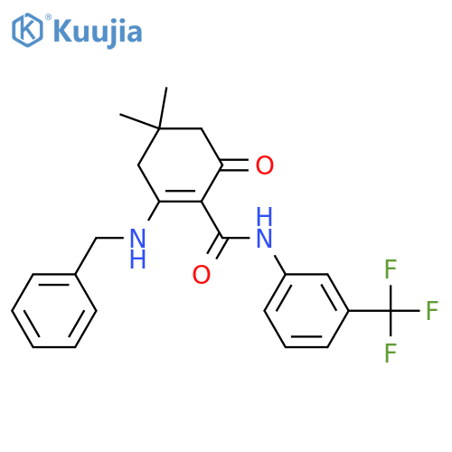 2-(benzylamino)-4,4-dimethyl-6-oxo-N-[3-(trifluoromethyl)phenyl]cyclohexene-1-carboxamide structure