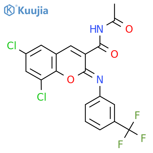(2Z)-N-acetyl-6,8-dichloro-2-{3-(trifluoromethyl)phenylimino}-2H-chromene-3-carboxamide structure