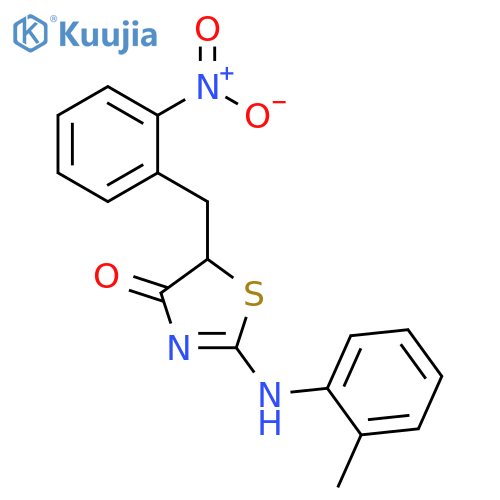 (2E)-2-(2-methylphenyl)imino-5-(2-nitrophenyl)methyl-1,3-thiazolidin-4-one structure