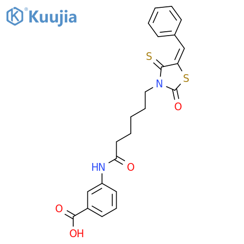 3-{6-(5E)-2-oxo-5-(phenylmethylidene)-4-sulfanylidene-1,3-thiazolidin-3-ylhexanamido}benzoic acid structure