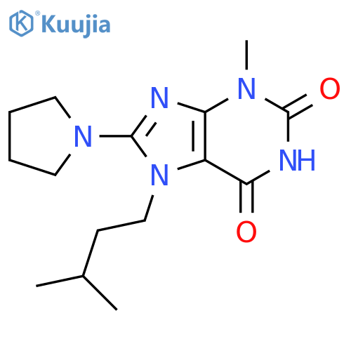 3-methyl-7-(3-methylbutyl)-8-(pyrrolidin-1-yl)-2,3,6,7-tetrahydro-1H-purine-2,6-dione structure