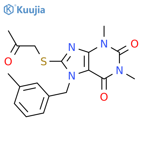 1,3-dimethyl-7-(3-methylphenyl)methyl-8-(2-oxopropyl)sulfanyl-2,3,6,7-tetrahydro-1H-purine-2,6-dione structure