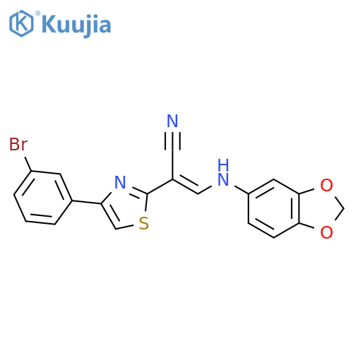 (2E)-3-(2H-1,3-benzodioxol-5-yl)amino-2-4-(3-bromophenyl)-1,3-thiazol-2-ylprop-2-enenitrile structure