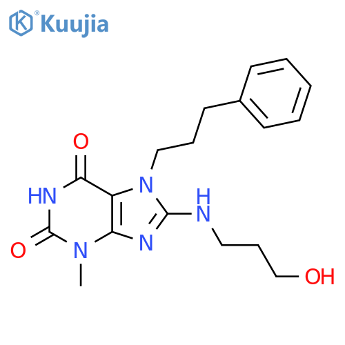 8-(3-hydroxypropyl)amino-3-methyl-7-(3-phenylpropyl)-2,3,6,7-tetrahydro-1H-purine-2,6-dione structure