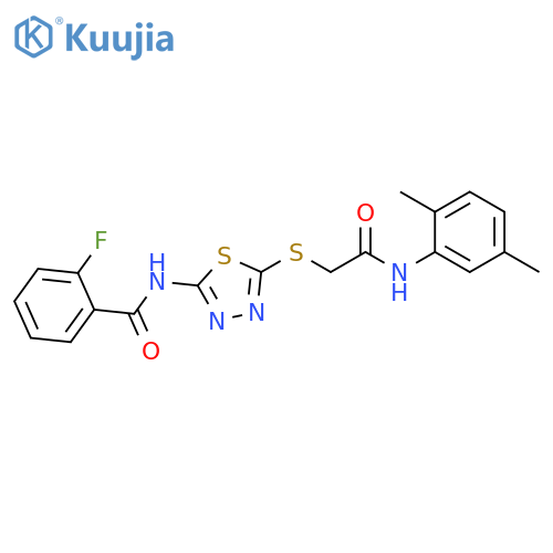 N-5-({(2,5-dimethylphenyl)carbamoylmethyl}sulfanyl)-1,3,4-thiadiazol-2-yl-2-fluorobenzamide structure