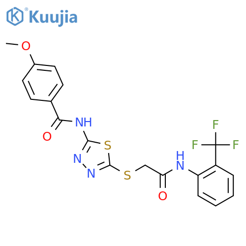 4-methoxy-N-{5-({2-(trifluoromethyl)phenylcarbamoyl}methyl)sulfanyl-1,3,4-thiadiazol-2-yl}benzamide structure