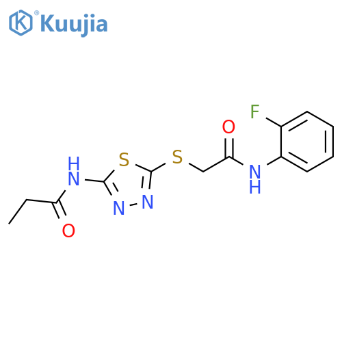 N-5-({(2-fluorophenyl)carbamoylmethyl}sulfanyl)-1,3,4-thiadiazol-2-ylpropanamide structure