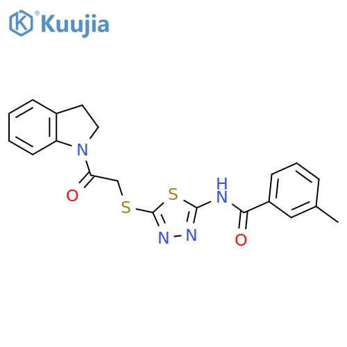 N-(5-{2-(2,3-dihydro-1H-indol-1-yl)-2-oxoethylsulfanyl}-1,3,4-thiadiazol-2-yl)-3-methylbenzamide structure