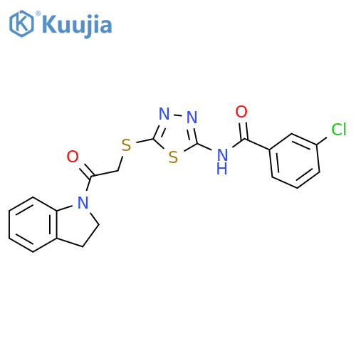 3-chloro-N-(5-{2-(2,3-dihydro-1H-indol-1-yl)-2-oxoethylsulfanyl}-1,3,4-thiadiazol-2-yl)benzamide structure