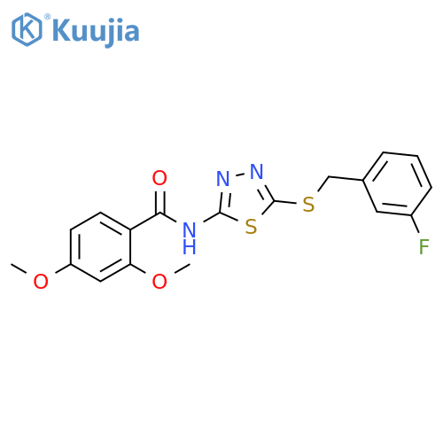 N-(5-{(3-fluorophenyl)methylsulfanyl}-1,3,4-thiadiazol-2-yl)-2,4-dimethoxybenzamide structure