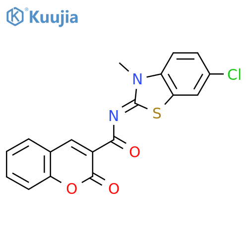 N-(2Z)-6-chloro-3-methyl-2,3-dihydro-1,3-benzothiazol-2-ylidene-2-oxo-2H-chromene-3-carboxamide structure