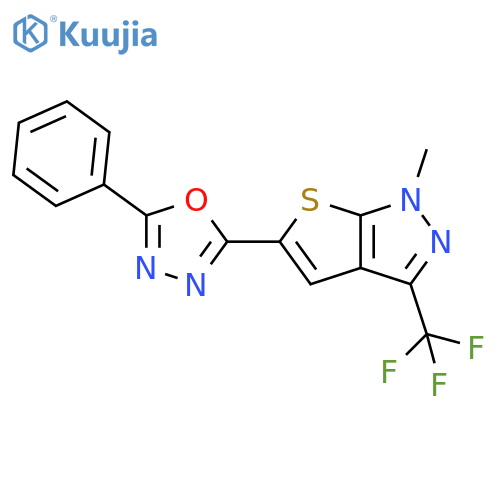 2-[1-methyl-3-(trifluoromethyl)-1H-thieno[2,3-c]pyrazol-5-yl]-5-phenyl-1,3,4-oxadiazole structure