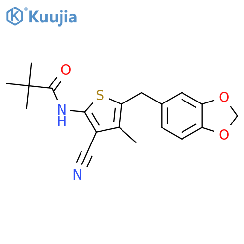 N-{5-(2H-1,3-benzodioxol-5-yl)methyl-3-cyano-4-methylthiophen-2-yl}-2,2-dimethylpropanamide structure