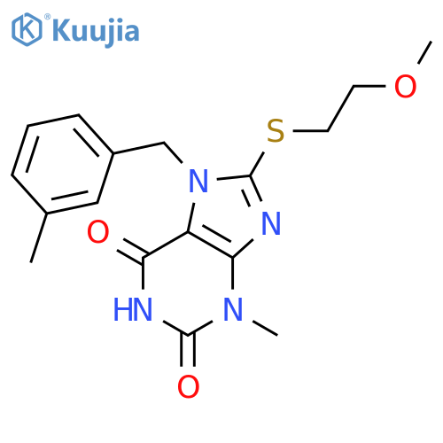 8-(2-methoxyethyl)sulfanyl-3-methyl-7-(3-methylphenyl)methyl-2,3,6,7-tetrahydro-1H-purine-2,6-dione structure