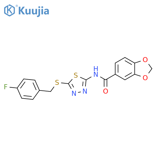 N-(5-{(4-fluorophenyl)methylsulfanyl}-1,3,4-thiadiazol-2-yl)-2H-1,3-benzodioxole-5-carboxamide structure