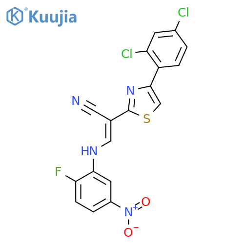 (2E)-2-4-(2,4-dichlorophenyl)-1,3-thiazol-2-yl-3-(2-fluoro-5-nitrophenyl)aminoprop-2-enenitrile structure